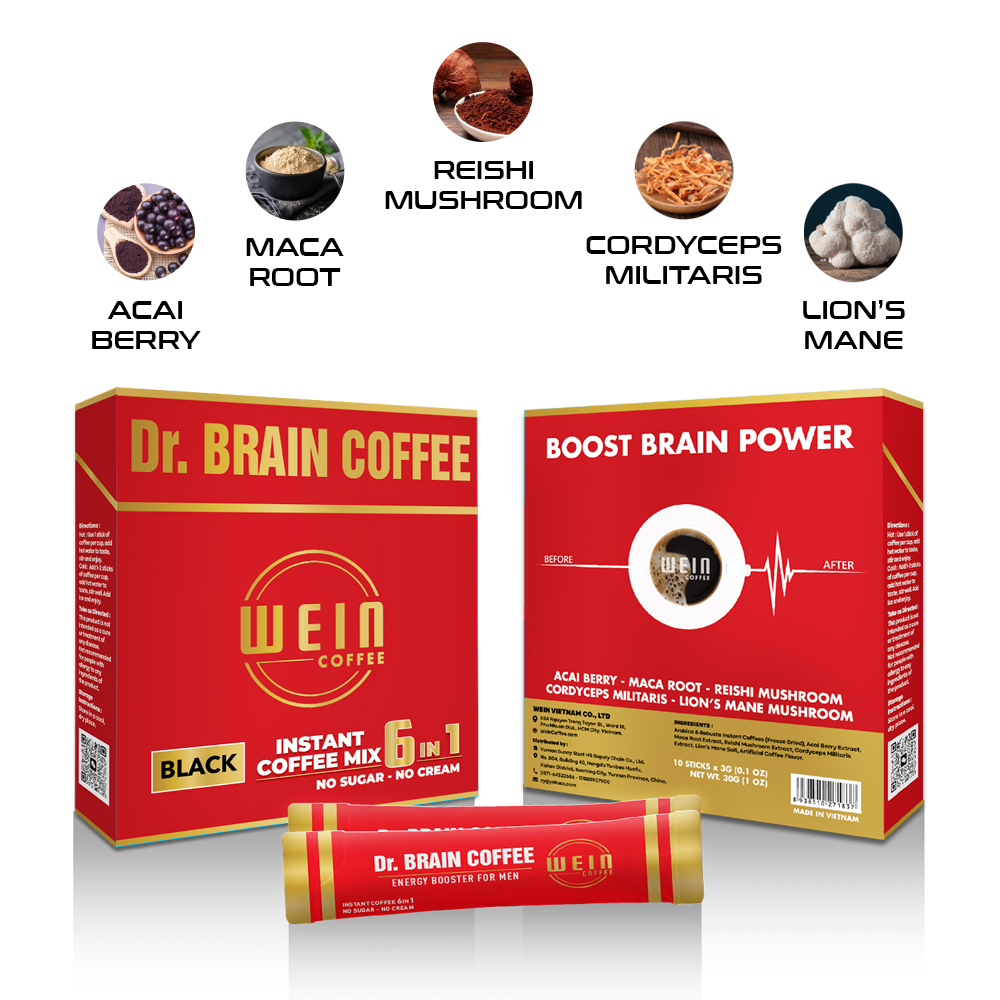 DR. BRAIN COFFEE 6 IN 1 - BOOST BRAIN POWER - CAFÉ ĐEN 6 IN 1 - TĂNG CƯỜNG NĂNG LƯỢNG TRÍ NÃO